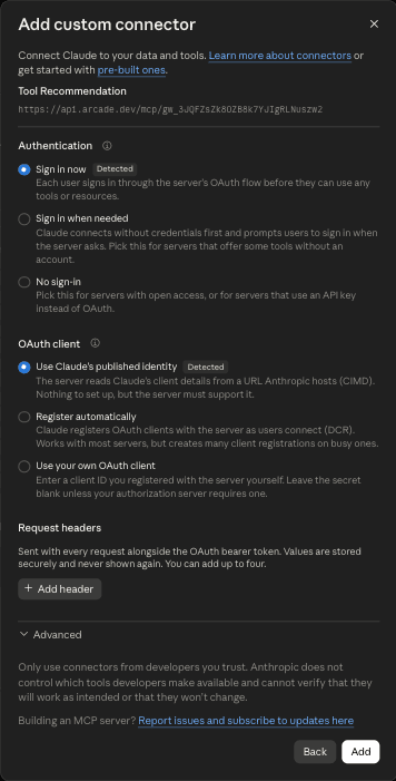 Claude Add custom connector dialog with Sign in now and Use Claude's published identity marked Detected, and Request headers left empty